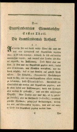 Erster Theil. Die Transcendentale Aesthetik