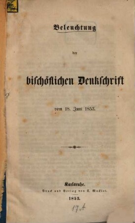 Beleuchtung der bischöflichen Denkschrift vom 18. Juni 1853