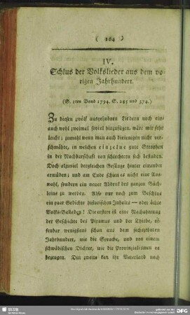 IV. Schlus der Volkslieder aus dem vorigen Jahrhundert : (S. 1ten Band 1794 S. 285 und 374)