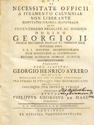 De Necessitate Officii A Ivramento Calvmniae Non Liberante Dispvtatio Ivridica Inavgvralis