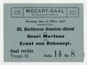 Abschnitt einer Eintrittskarte für ein Konzert im Mozart-Saal am Nollendorfplatz. Berlin