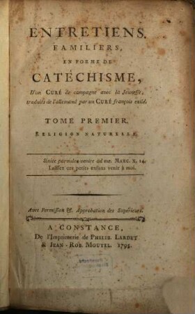 Entretiens Familiers, En Forme De Catéchisme, 1. Religion Naturelle