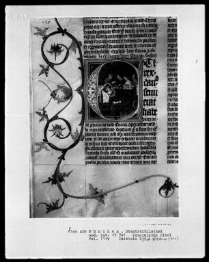 Lateinische Bibel — Initiale E (t rex David), darin führen die Israeliten Abishag zu David, Folio 111verso