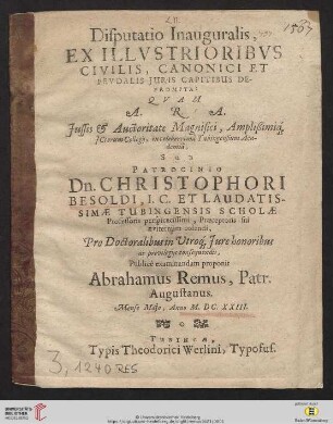Disputatio Inauguralis, Ex Illustrioribus Civilis, Canonici Et Feudalis Iuris Capitibus Deprompta
