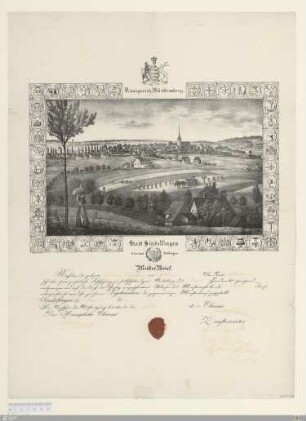 Königreich Württemberg. Stadt Sindelfingen Ober Amt Böblingen Meisterbrief : [Handwerksbrief, Fleischer, Sindelfingen, 1858]; Nachdem der gelernte Wilhelm Dinkelaker von Aidtlingen Ober-Amts Böblingen ... das Meisterrecht bei der Mezger-Zunft erlangt hat, so wird ihm ... der gegenwärtige Meisterbrief zugestellt. Sindelfingen den 12. Febr. 1858. Die Aechtheit der Ausfertigung beurkundet den 13. Fbr. 1858 ...