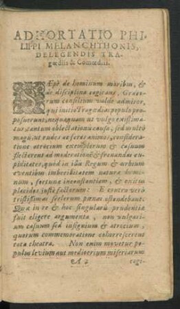 Ad Horatio Philippi Melanchtonis, Delegendis Tragoediis & Comoediis.