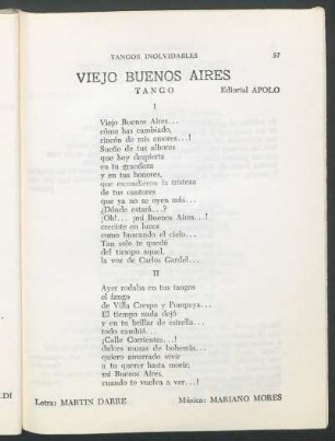 Viejo Buenos Aires : Tango. Editorial Apolo