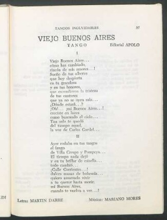Viejo Buenos Aires : Tango. Editorial Apolo
