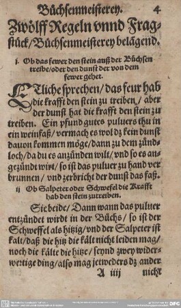 Büchsenmeisterey. Zwölf Regeln unnd Fragstück/ Büchsenmeisterey belägend.