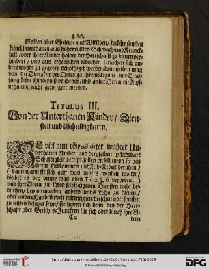Titulus III: Von der Unterhanen Kinder / Diensten und Schuldigkeiten