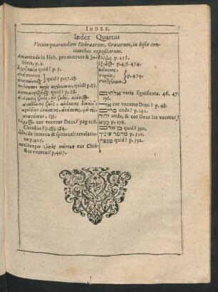 Index Quartus Vocum quarundam Hebraearum, Graecarum, in hisce concionibus expositarum.