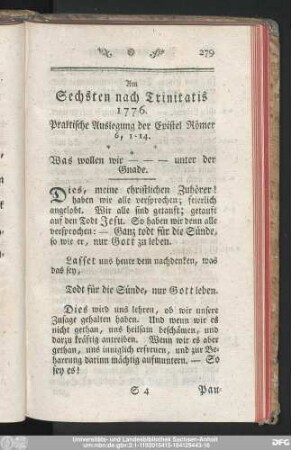 Am Sechsten nach Trinitatis 1776. Praktische Auslegung der Epistel Römer 6, 1-14.