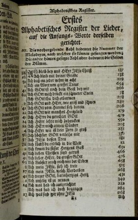 Erstes alphabetisches Register der Lieder, auf die Anfangs-Worte derselben gerichtet
