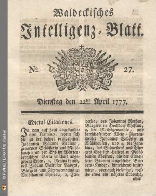No. 27. Dienstag den 22ten April 1777