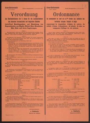 "Verordnung ... für die Landeseinwohner des besetzten franzoesischen und belgischen Gebietes betreffend Beschlagnahme ... von Gegenständen aus Kupfer, Nickel, Zinn, Aluminium, Blei, Zink und deren Legierungen"
