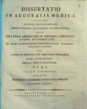 Dissertatio Inauguralis Medica Sistens Scirrhi Intestinorum Observationes Anantomico-Pathologicas