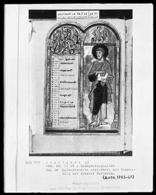 Psalterium (sogenannter Landgrafenpsalter) — Kalendar, Folio 1verso-7recto — Buchseite September mit Apostel Matthäus und Monatsbild, Folio 5verso