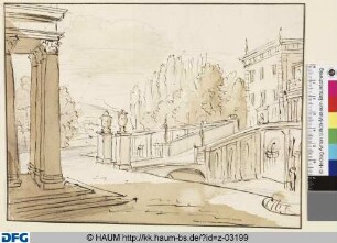 Theaterdekoration: Schlossgarten mit Säulenhalle, Brücke und Schloss rechts