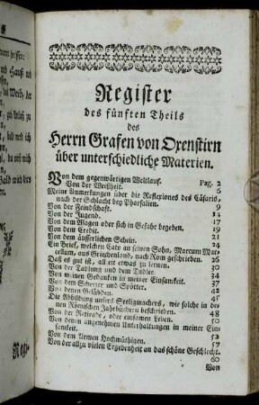 Register des fünften Theils des Herrn Grafen von Oxenstirn über unterschiedliche Materien.