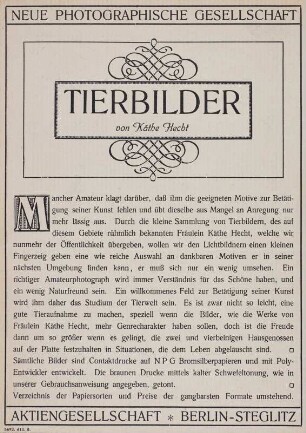 Tieraufnahmen von Käthe Hecht : Leporello mit 14 Tieraufnahmen von Käthe Hecht, hg. von der Neuen Photographischen Gesellschaft AG, Berlin-Steglitz 1913