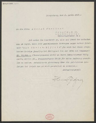 Brief an Adolph Fürstner <Berlin> : 01.04.1918
