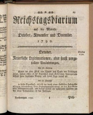 Reichstagsdiarium auf die Monate October, November und December 1790.