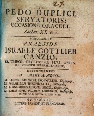 De pedo duplici servatoris : occasione oraculi Zach. XI, v. 7