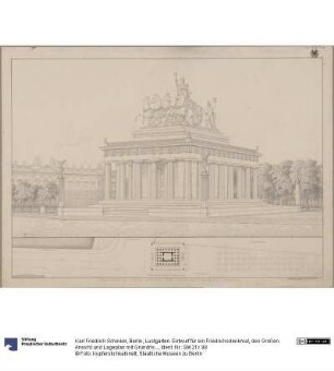Berlin, Lustgarten. Entwurf für ein Friedrichsdenkmal, des Großen. Ansicht und Lageplan mit Grundriss