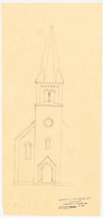 Kirche, Belsdorf: Aufriss Westseite , Turmansicht (Zeichnung ist nicht vollständig)
