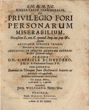 De privilegio fori personarum miserabilium : Occasione l. un. c. quand. imp. int. pup. et cetera
