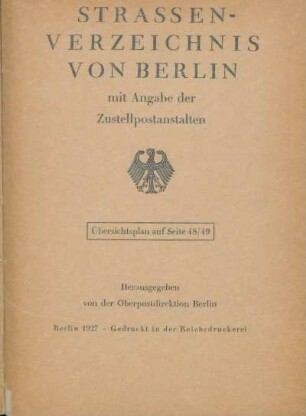1927: Straßenverzeichnis von Berlin : mit Posthinweisen