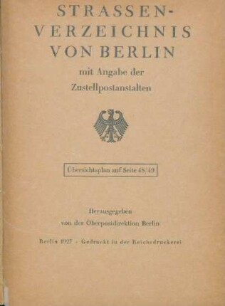 1927: Straßenverzeichnis von Berlin : mit Posthinweisen
