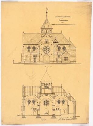 St. Mariä Heimsuchung, Rheine-Hauenhorst: Seitenansicht und Längsschnitt 1:100