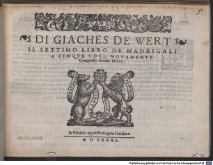 DI GIACHES DE WERT IL SETTIMO LIBRO DE MADRIGALI A CINQVE VOCI