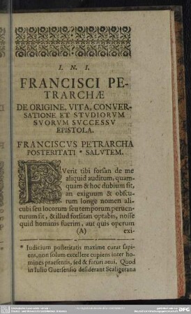Francisci Petrarchae De Origine, Vita, Conversatione Et Studiorum Suorum Successu Epistola