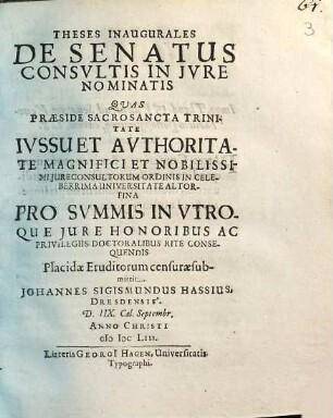 Theses Inaugurales De Senatus Consvltis In Jvre Nominatis