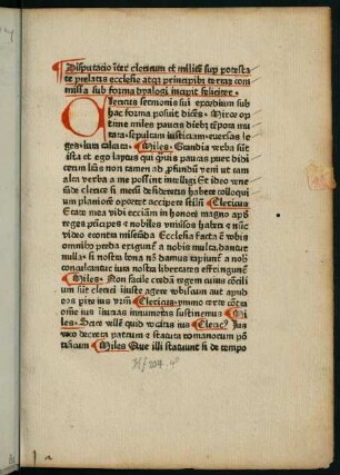 1ar-2ev, Disputacio inter clericum et militem super potestatem prelatis ecclesie...
