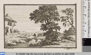 Landschaft mit Wanderer auf einer kleinen Brücke