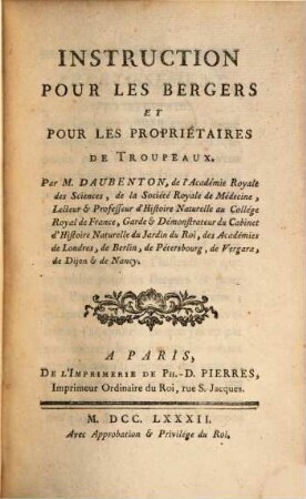 Instruction pour les bergers et pour les propriétaires de troupeaux