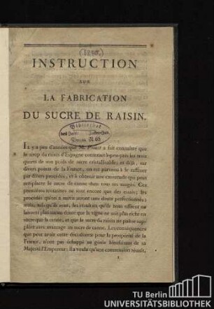 Instruction sur la fabrication du sucre de raisin.