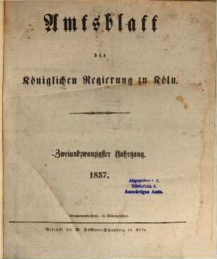 Amtsblatt für den Regierungsbezirk Köln. 1837, 1837