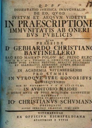 Diss. iur. inaug. de eo quod iustum et aequum videtur in praescriptione immunitatis ab oneribus publicis