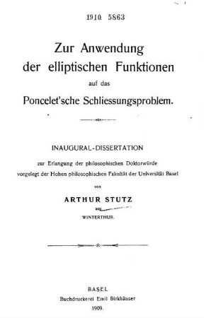 Zur Anwendung der elliptischen Funktionen auf das Poncelet'sche Schliessungsproblem