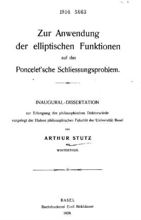Zur Anwendung der elliptischen Funktionen auf das Poncelet'sche Schliessungsproblem