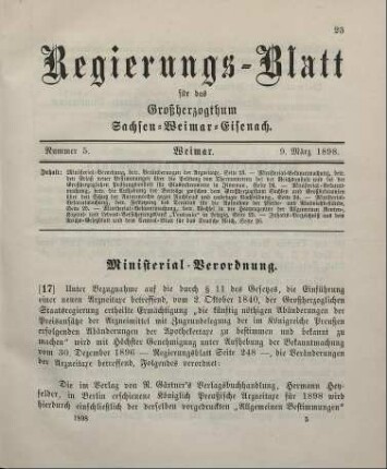 17. Ministerial-Verordnung, betreffend Veränderungen der Arzneitaxe