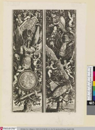 [Zwei Prospekte, links mit Trophäen und einem Brustpanzer mit Helm von Putti gehalten; Deux trophées d'armes empalés sur des arbres]