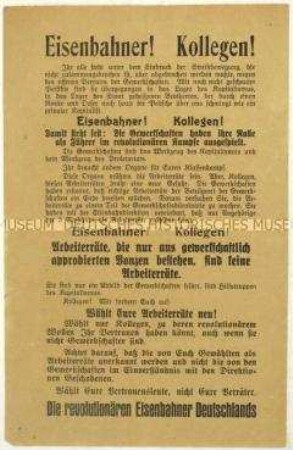 Flugblatt der revolutionären Eisenbahner Deutschlands gegen die Gewerkschaften und Aufruf zur Wahl neuer Arbeiterräte