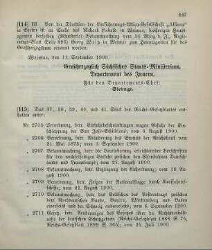 114. Ministerial-Bekanntmachung, betreffend Wechsel in der Hauptagentur der Versicherungs-Aktien-Gesellschaft "Allianz" in Berlin