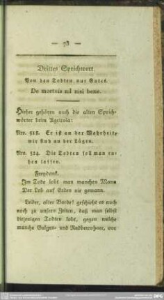 Drittes Sprichwort. Von den Todten nur Gutes. De mortuis nil nisi bene