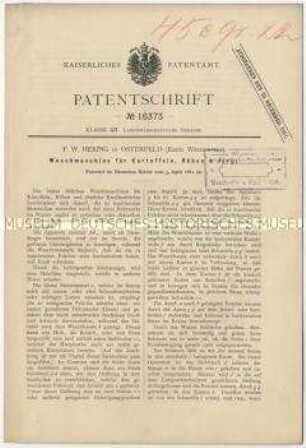 Patentschrift einer Waschmaschine für Kartoffeln, Rüben u.dgl., Patent-Nr. 16373